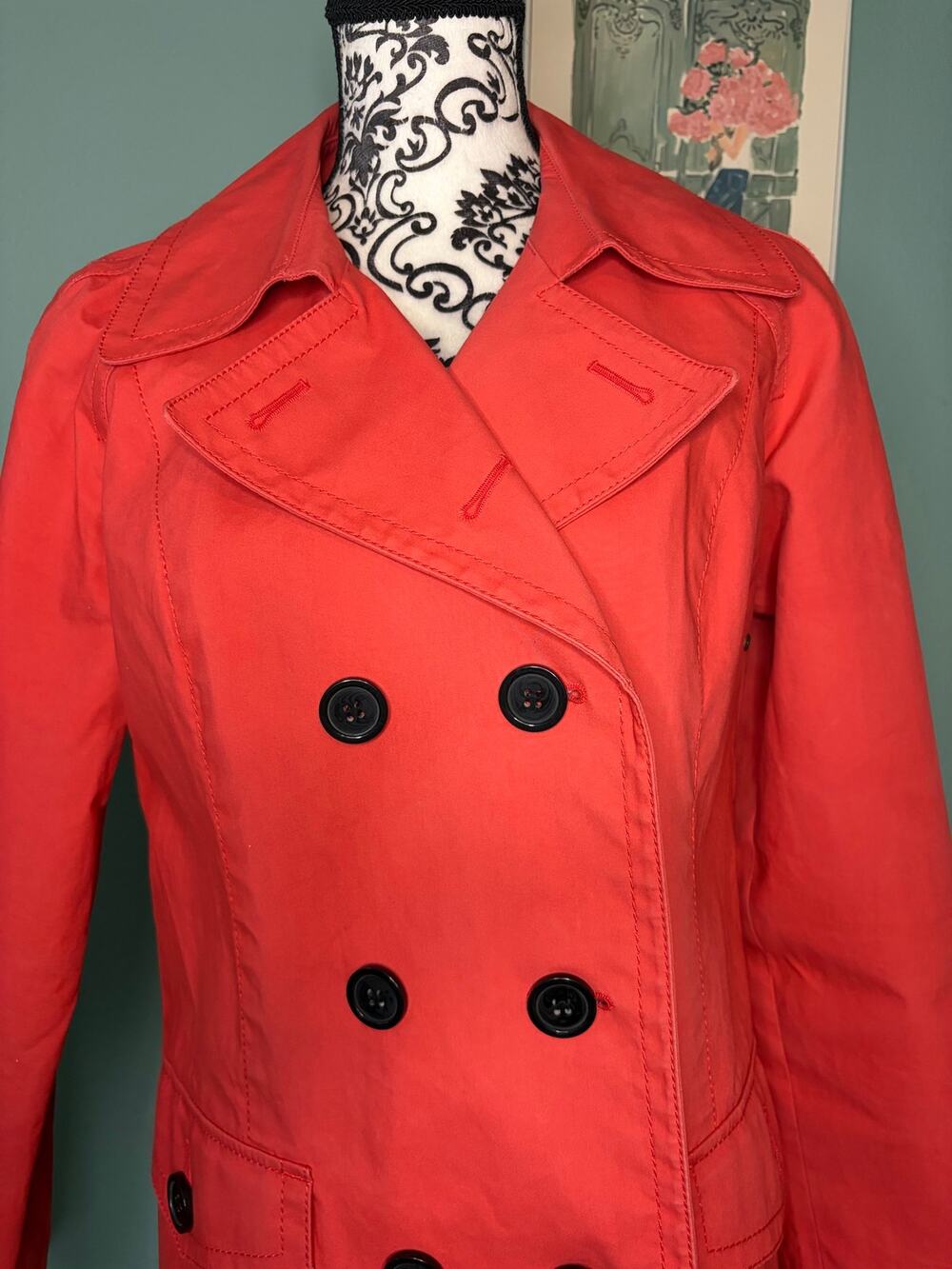 LOFT Ann Taylor Trench Coat Women M Red Double Breasted Classic Belted Back